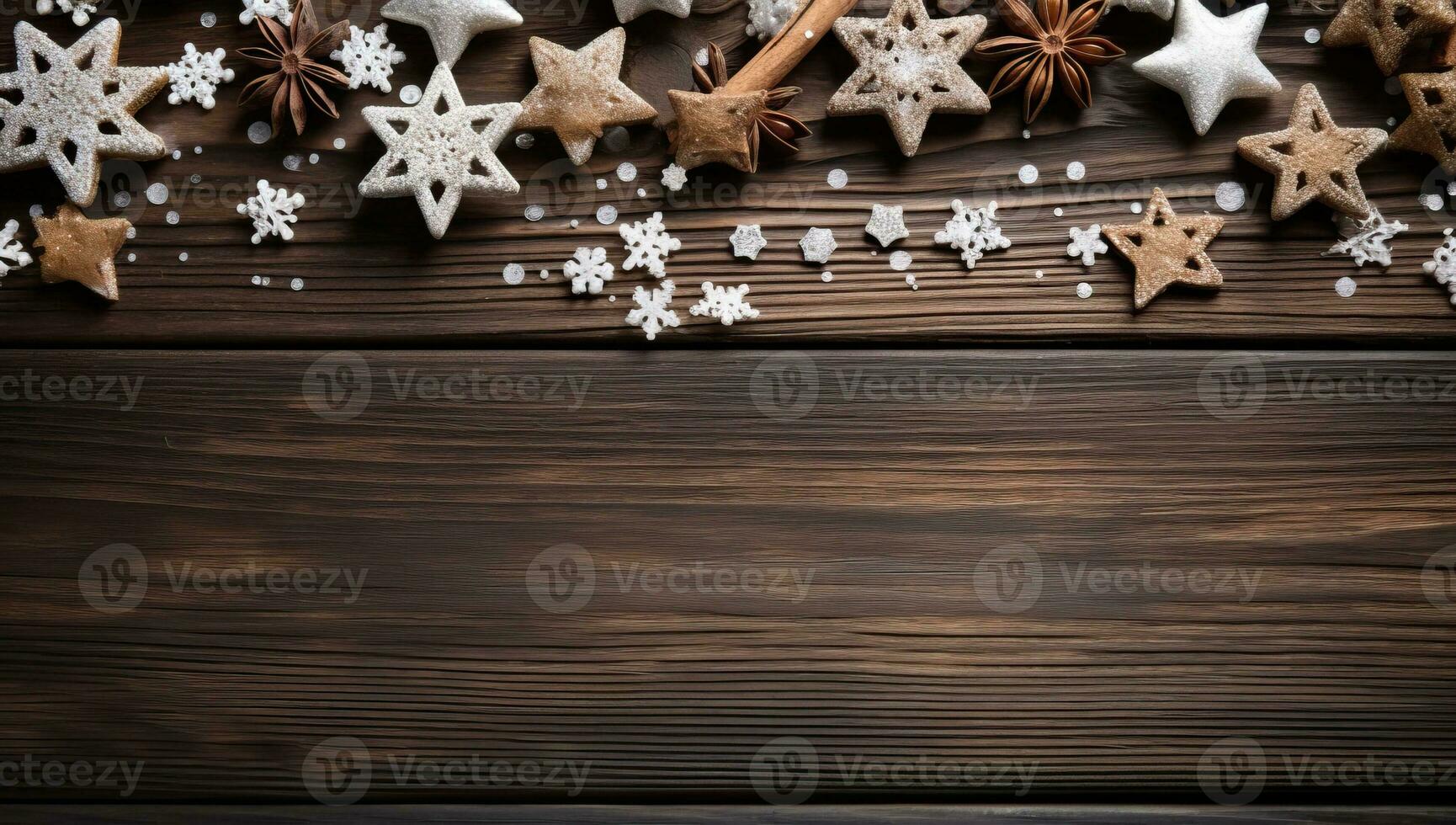 Christmas decoration on wooden background with copy space for your text. Top view. AI Generated. photo