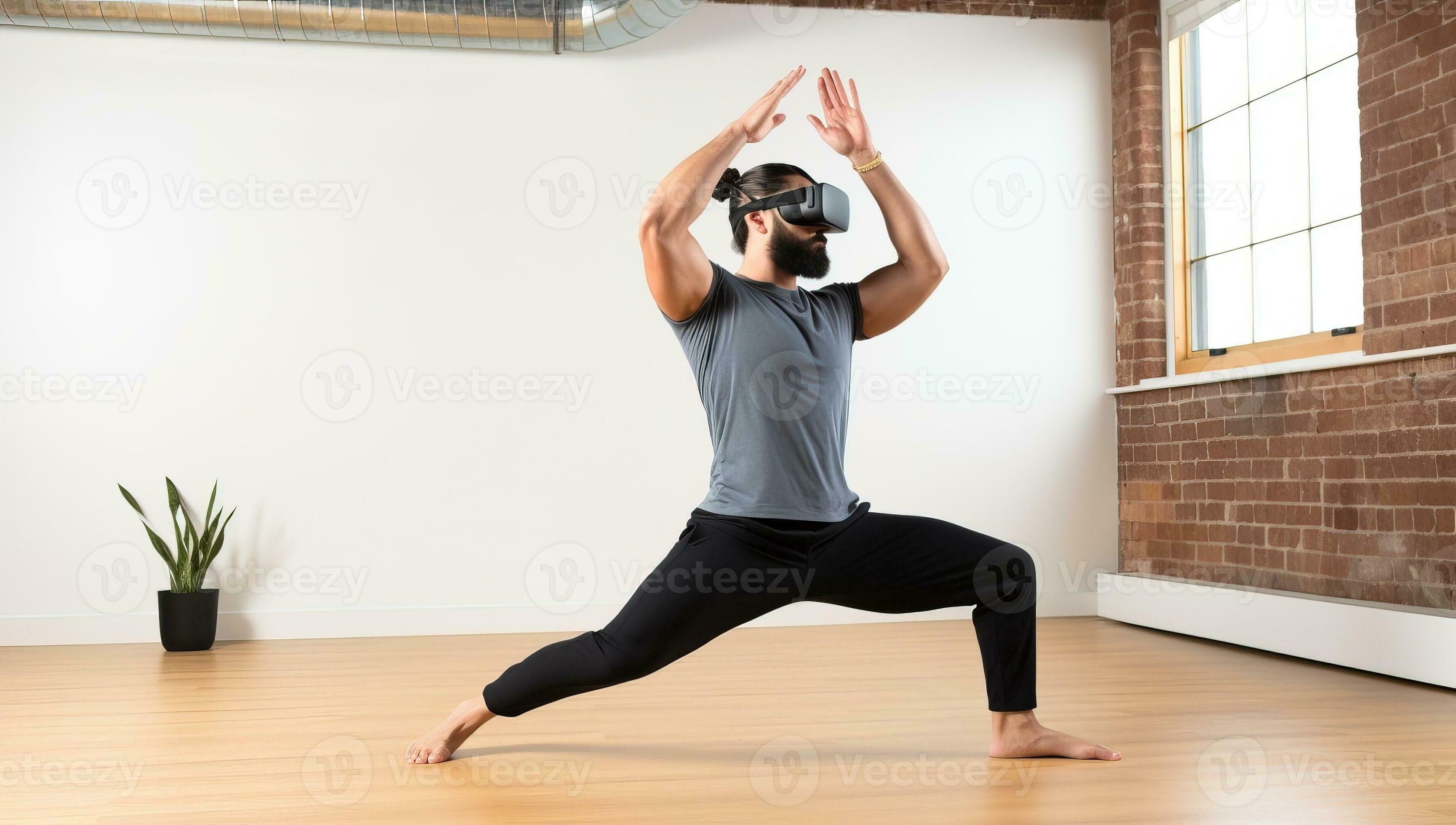 Man wearing virtual reality goggles while doing yoga exercise in a room