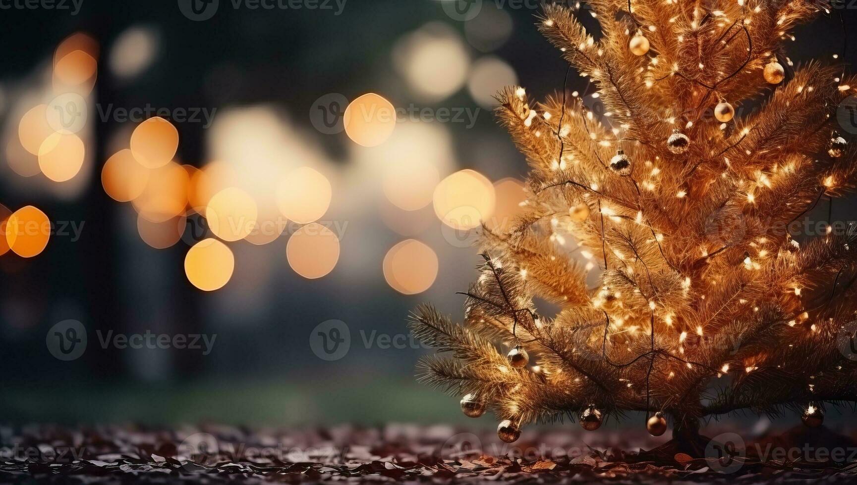 Christmas and New Year background with golden pine tree and bokeh lights. AI Generated. photo