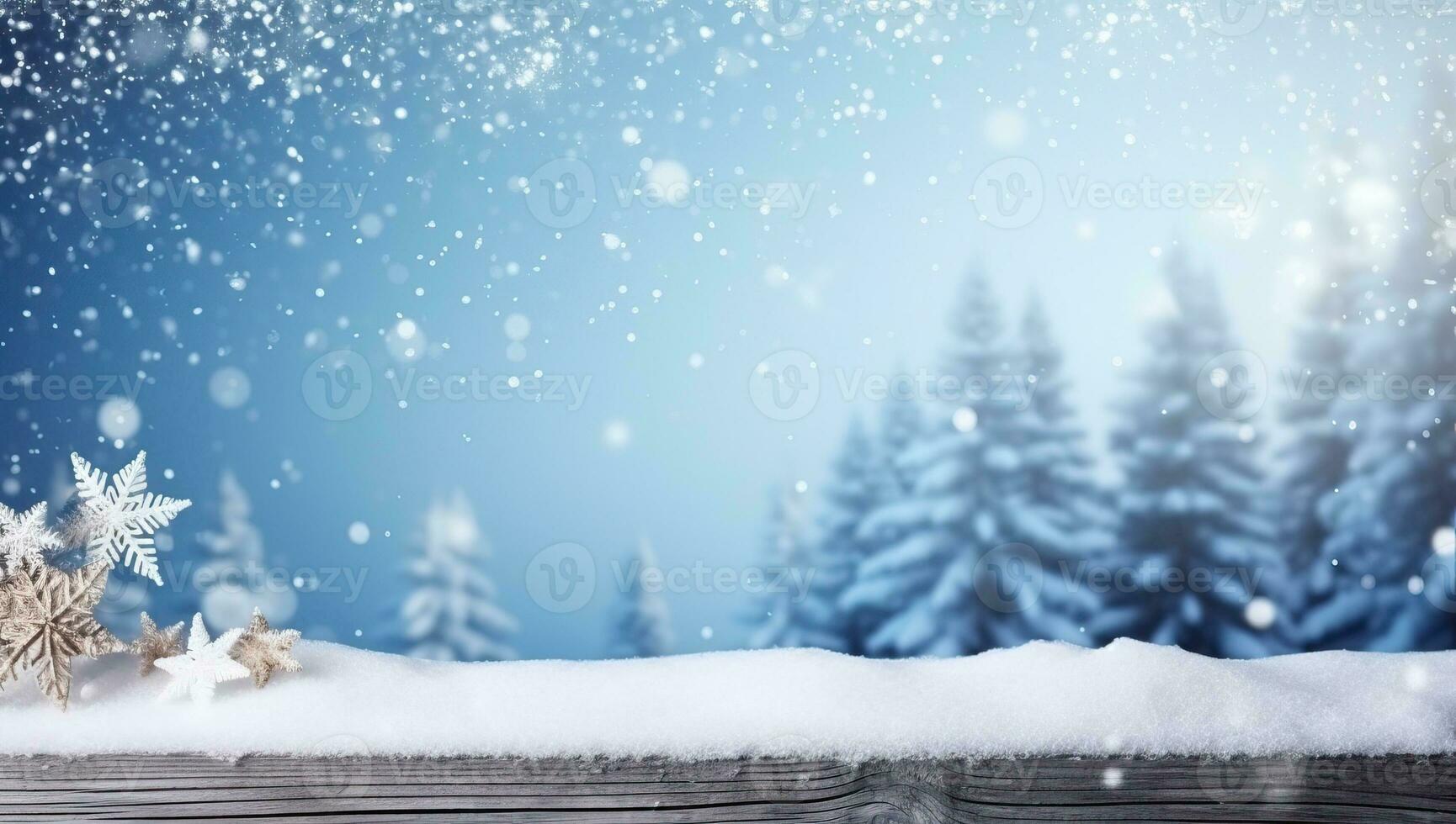 Christmas background with snowy fir trees and snowflakes. AI Generated. photo