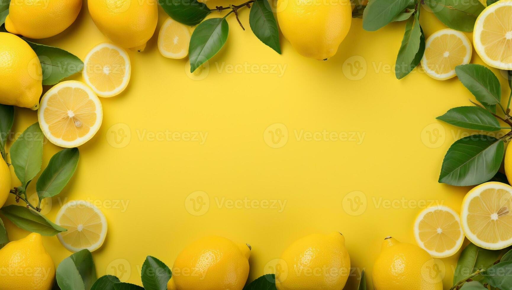 Lemons with green leaves on yellow background, top view. Space for text AI Generated photo