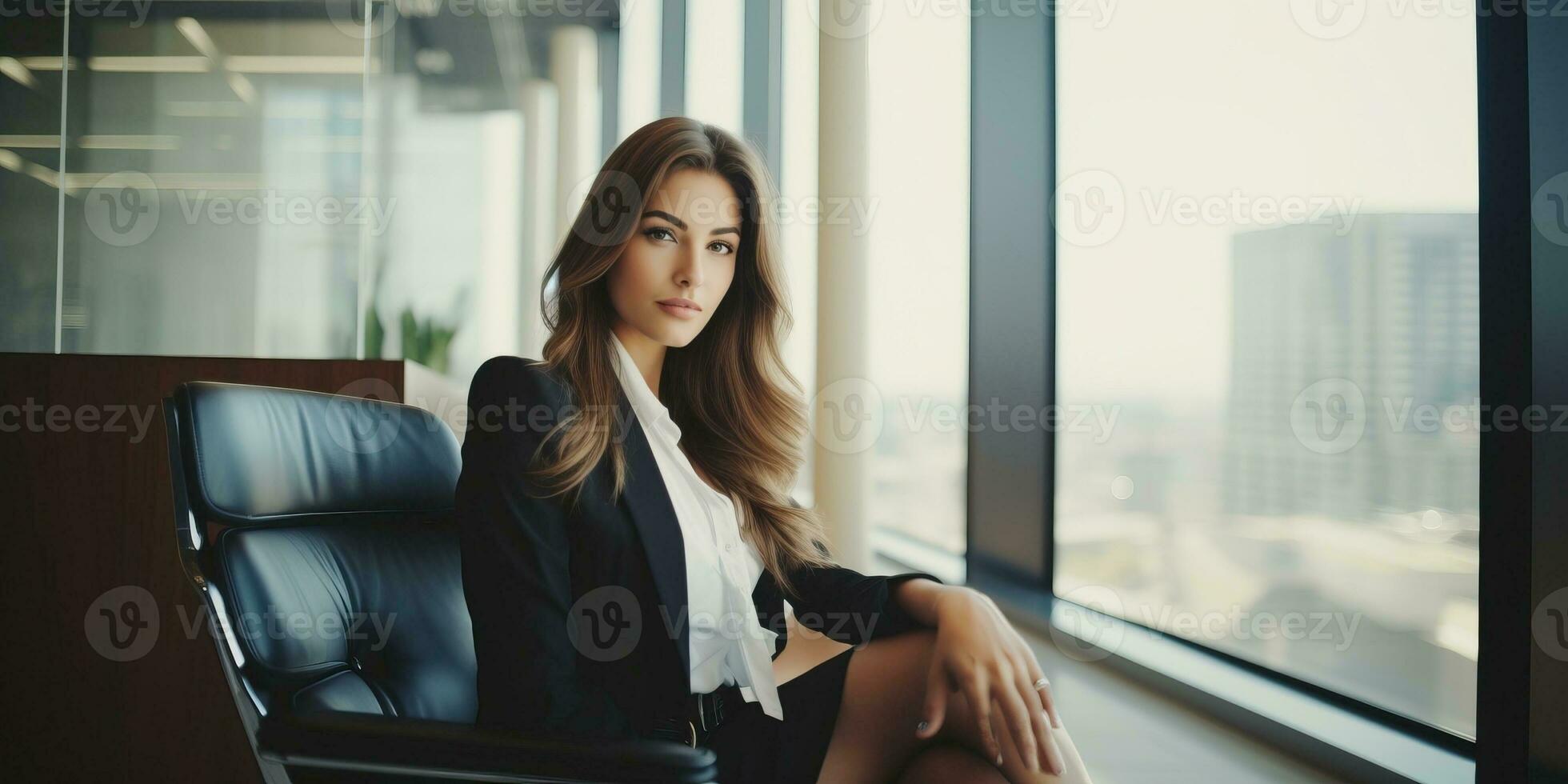 hermosa joven mujer de negocios sentado en un oficina silla. ai generado. foto