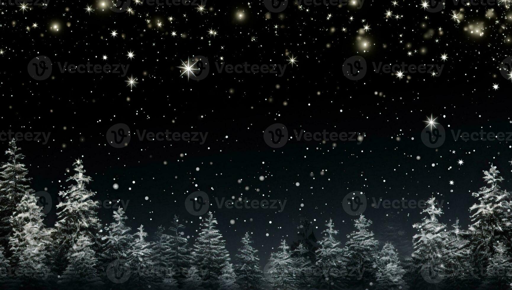 Christmas and New Year background with fir trees and falling snowflakes. AI Generated. photo