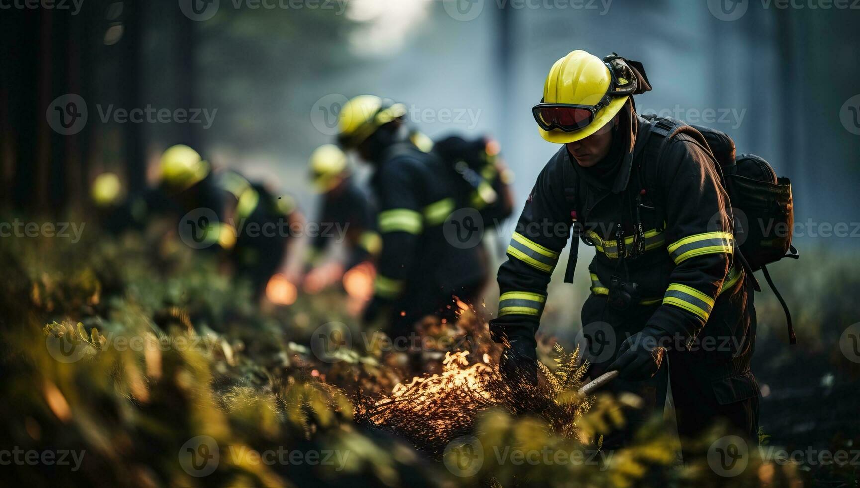 Firefighters extinguish a fire in a forest. AI Generated. photo