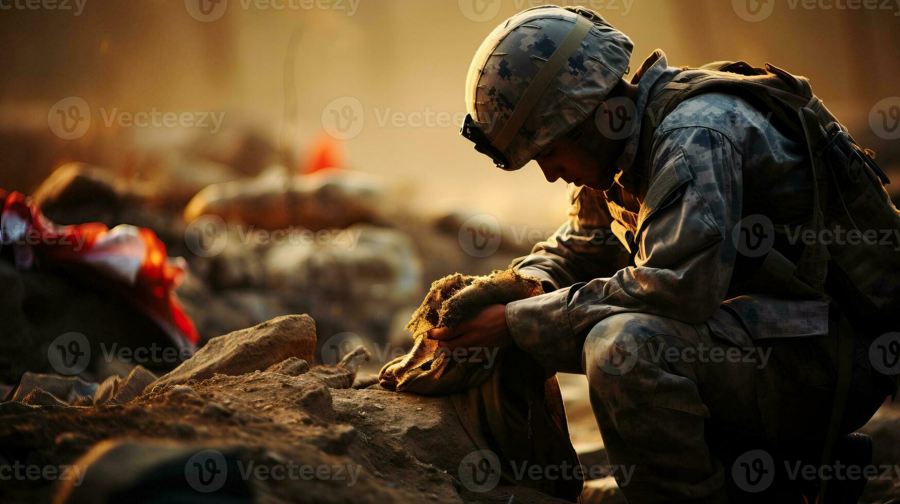 soldiers sitting in contemplation. AI Generated. photo