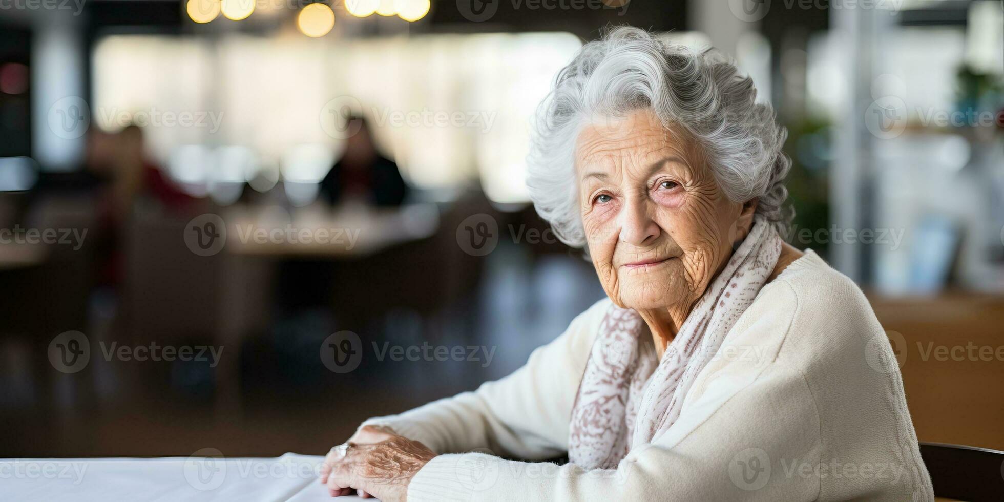 Portrait of senior woman looking at camera while sitting at table in restaurant AI Generated photo