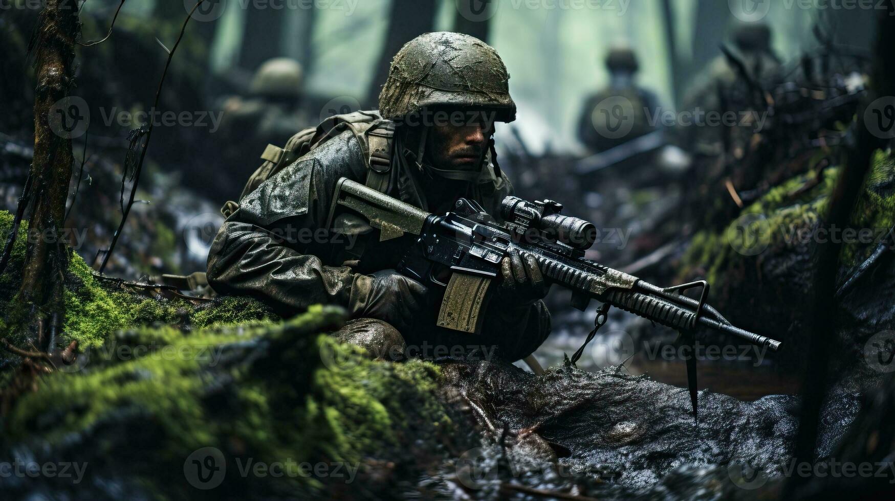 Special forces soldier with assault rifle in the jungle. AI Generated. photo