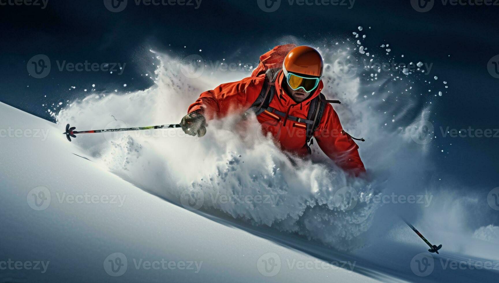 Skier in red helmet and goggles skiing downhill. AI Generated. photo