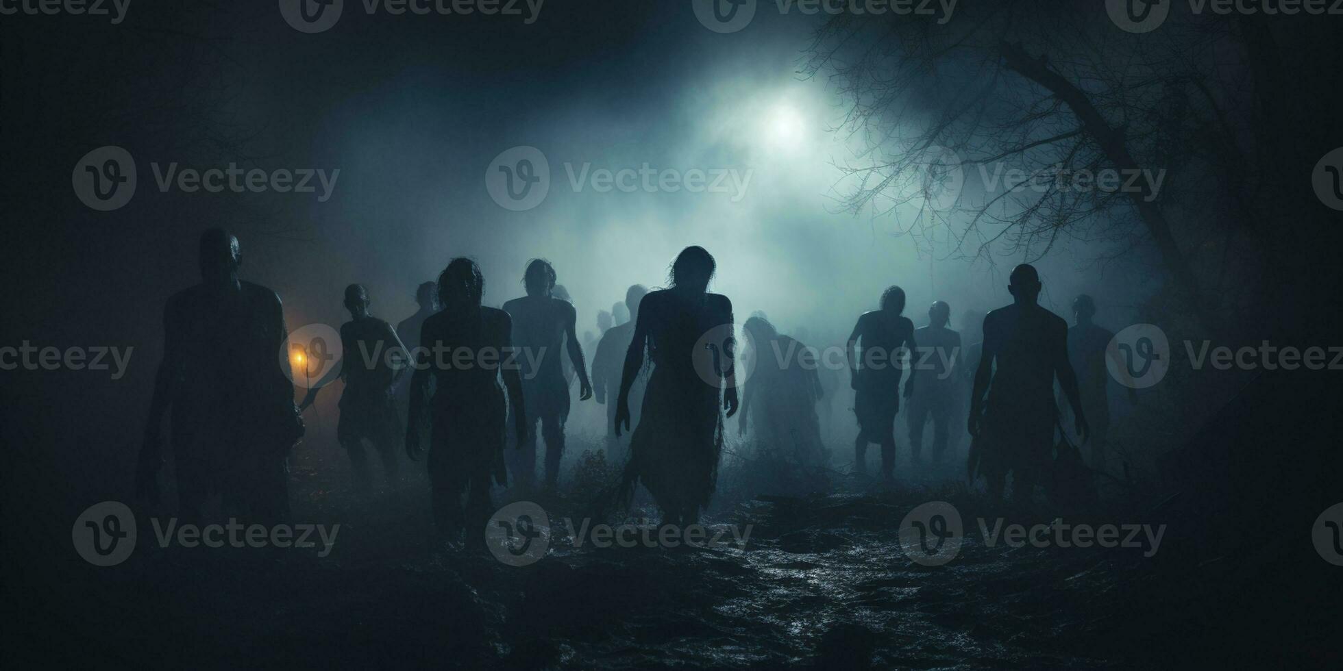 Ghost scenery Halloween background, Zombie Apocalypse, scary haunted cemetery, AI Generative photo