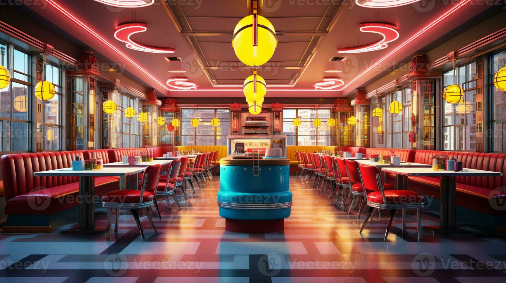 Retro vintage diner restaurant, interior design, stylish old fashioned design concept, AI Generative photo