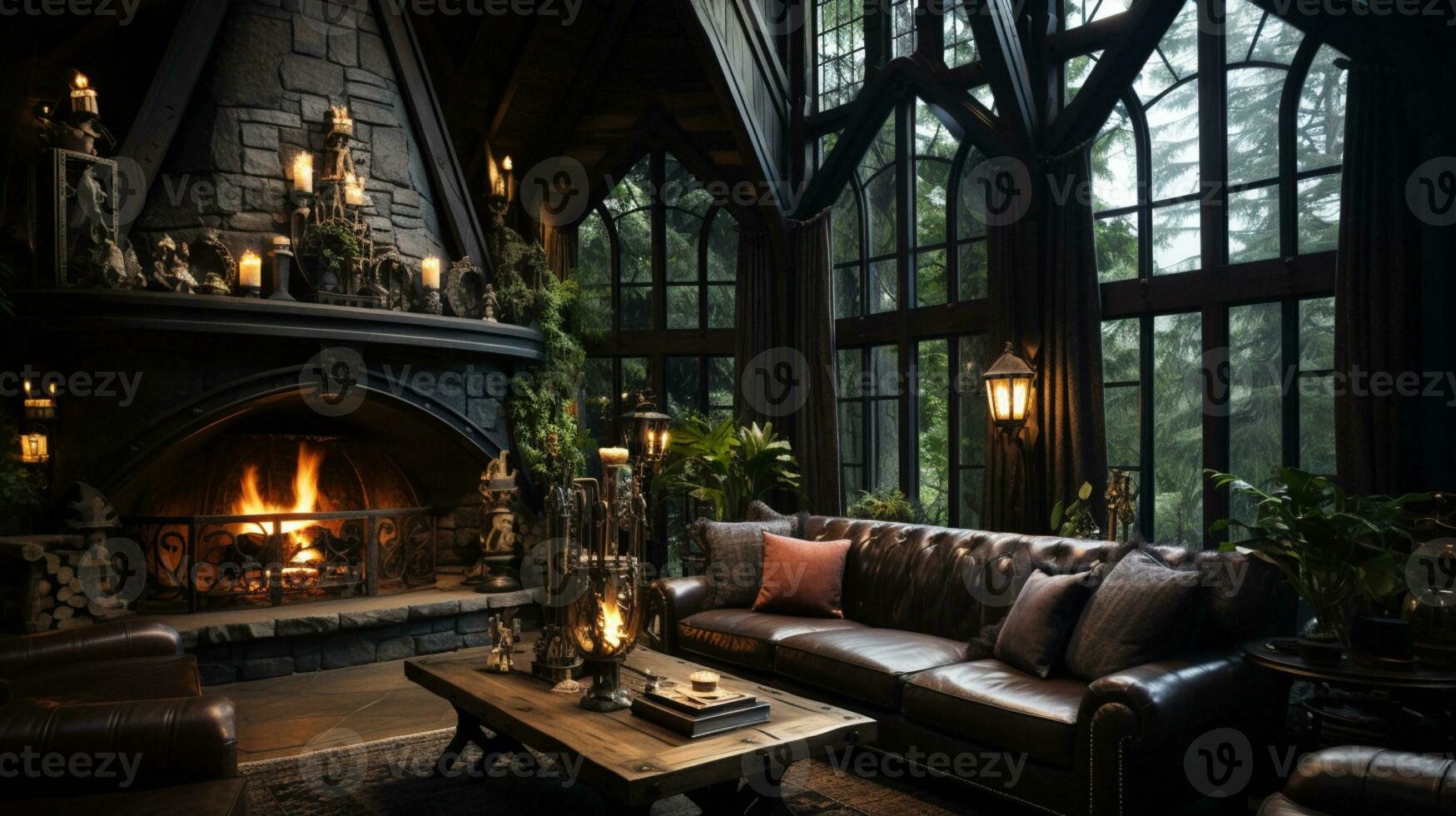 Interior Design, Beautiful Living room Gothic Style, Luxury Mansion, Elegant tall window, AI Generative photo