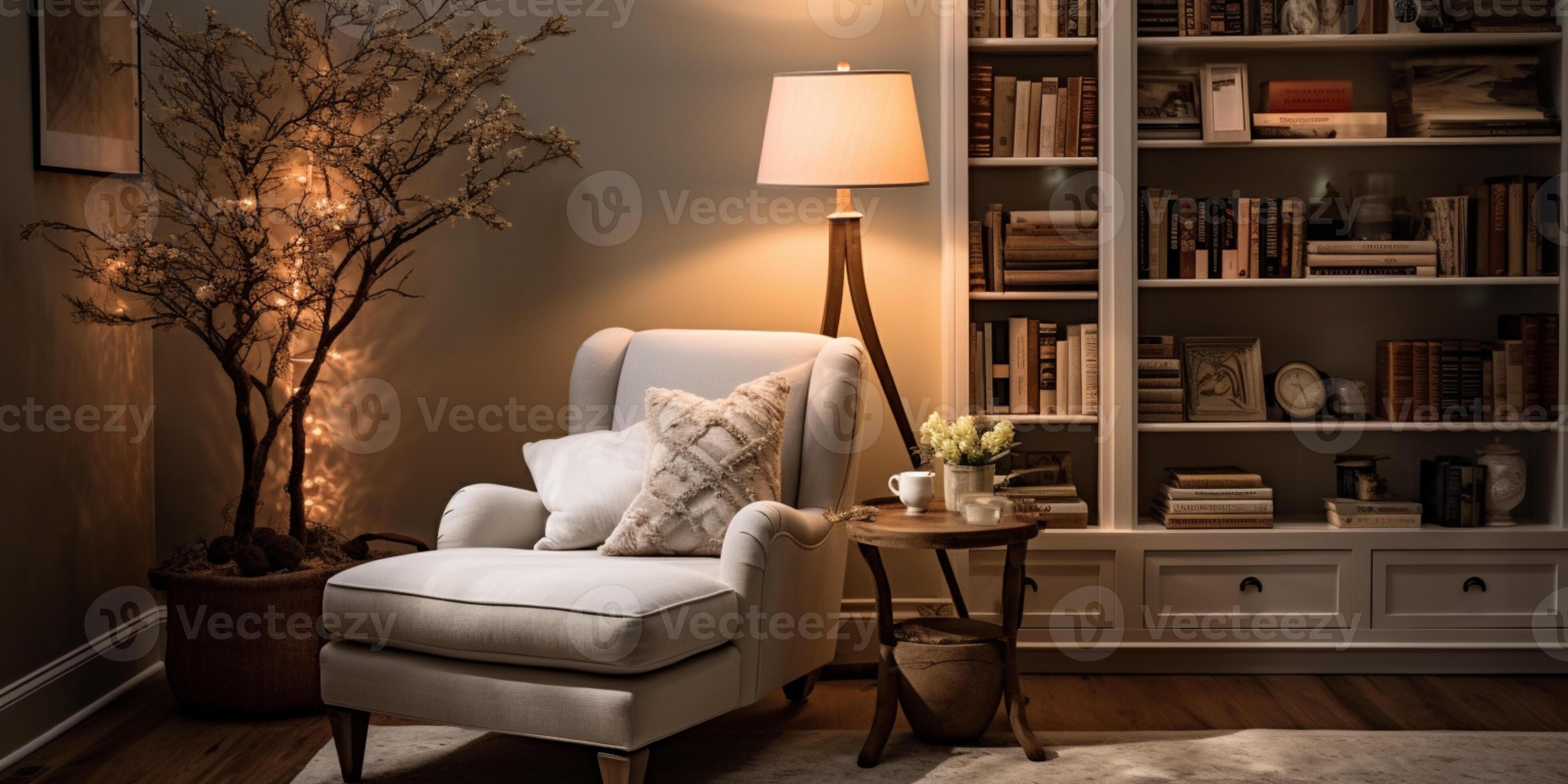 Cozy reading nook plush armchair bookshelf filled with books of