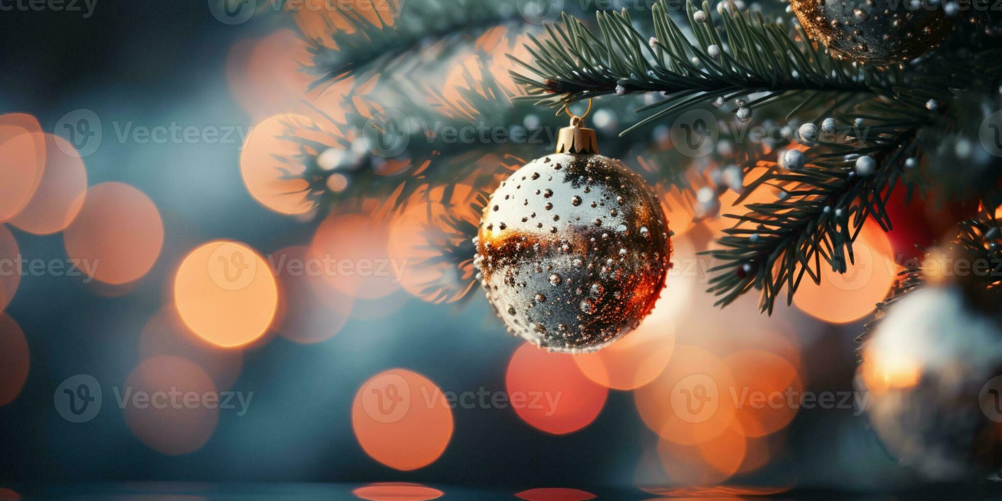Close up of lighted Christmas tree Ornament, winter holidays decoration, copy Space, greeting card, AI Generative photo