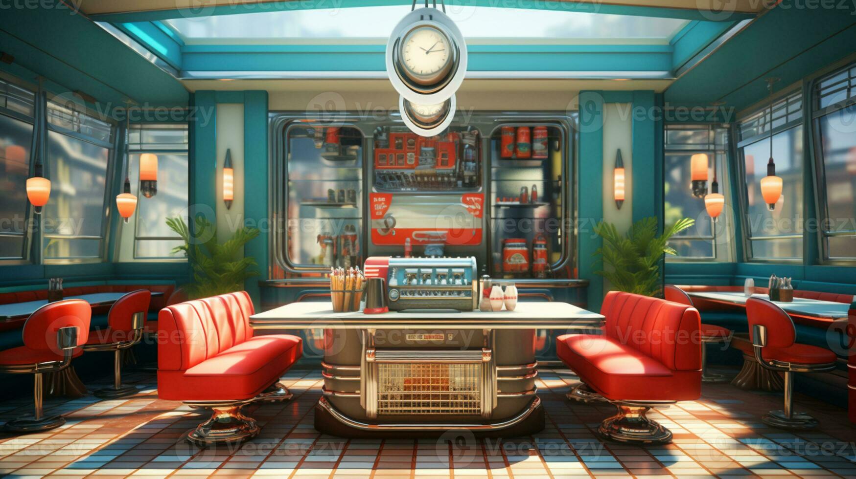 Retro vintage diner restaurant, interior design, stylish old fashioned design concept, AI Generative photo