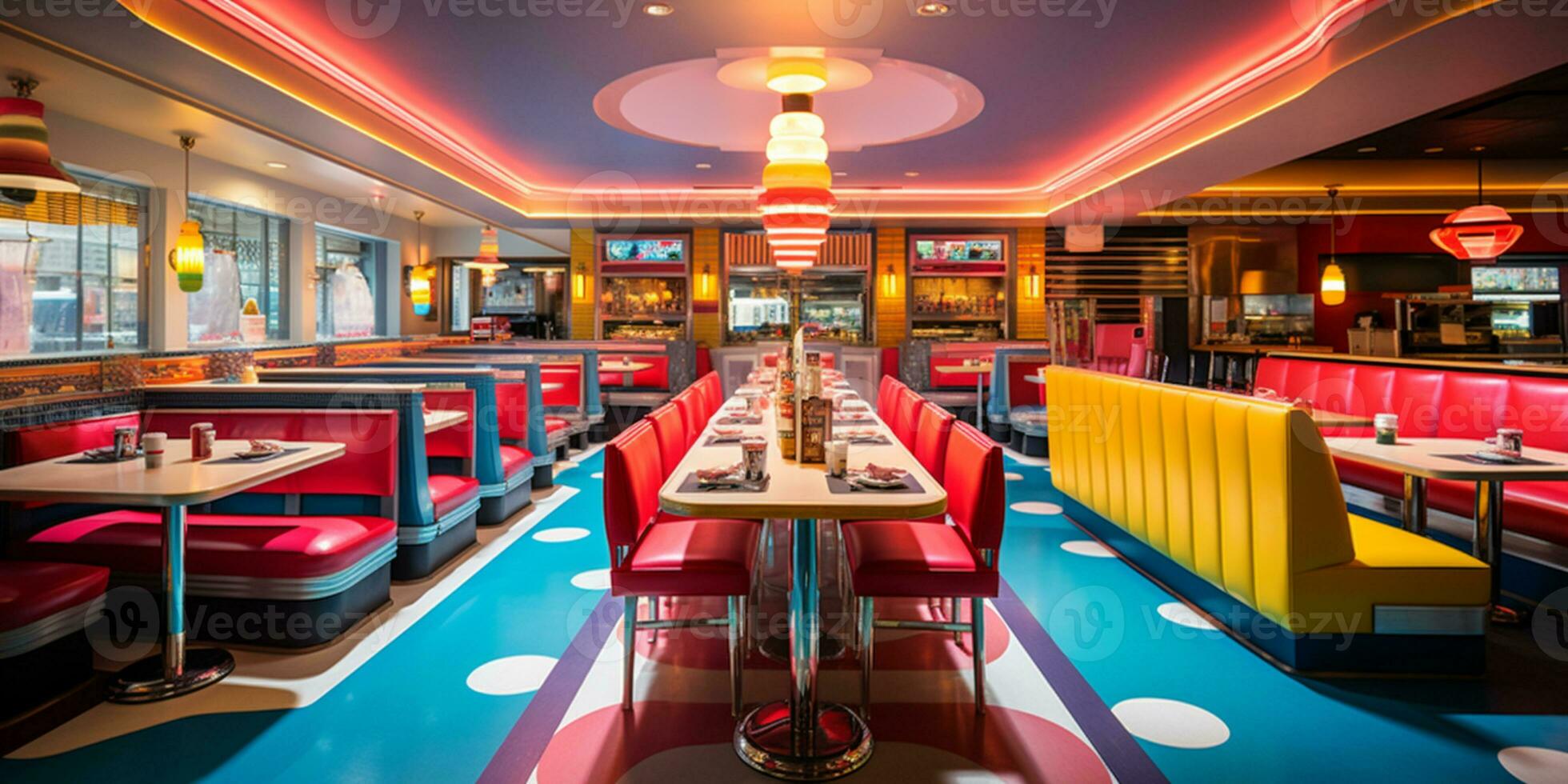Retro vintage diner restaurant, interior design, stylish old fashioned design concept, AI Generative photo