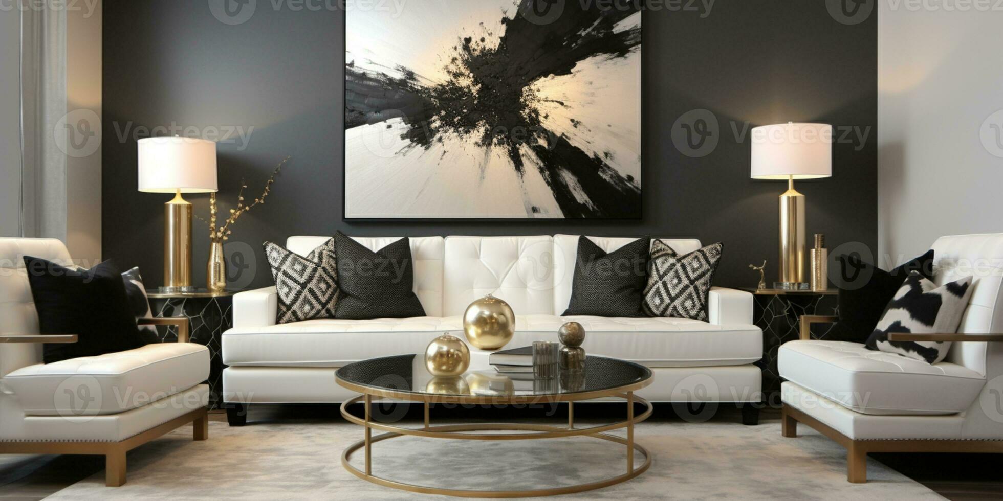 Luxurious furnished Living room, spacious cozy sofa, black and white monochrome palette, elegant interior design, AI Generative photo