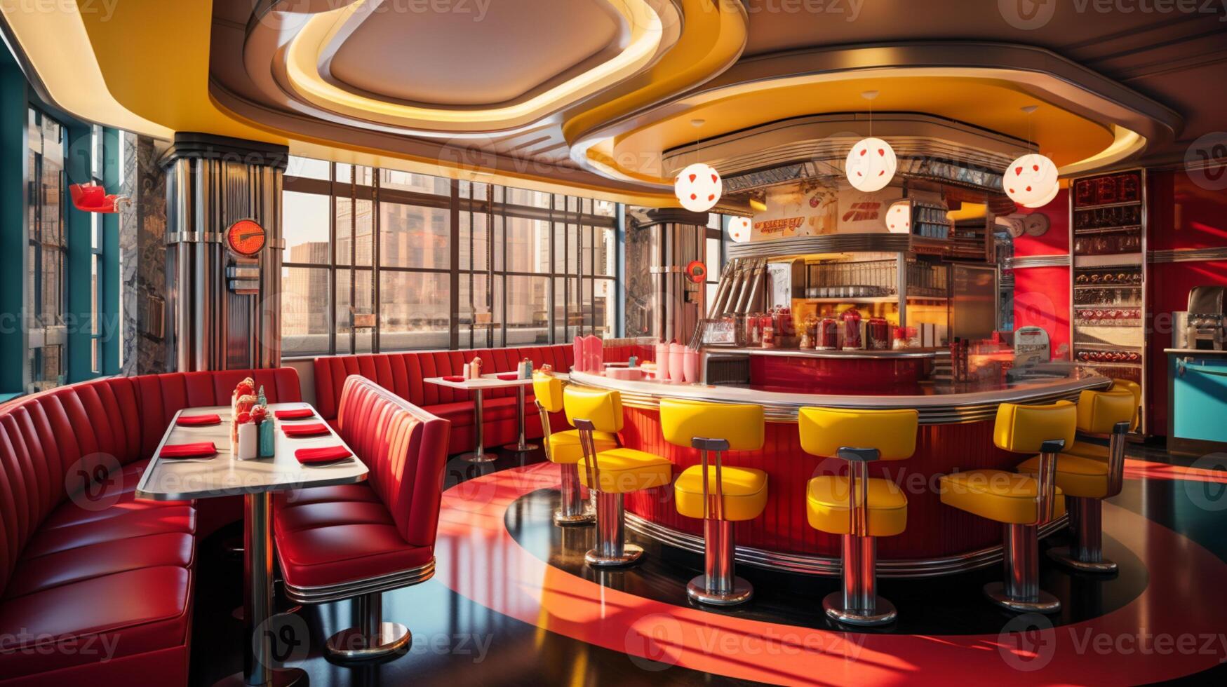 Retro vintage diner restaurant, interior design, stylish old fashioned design concept, AI Generative photo