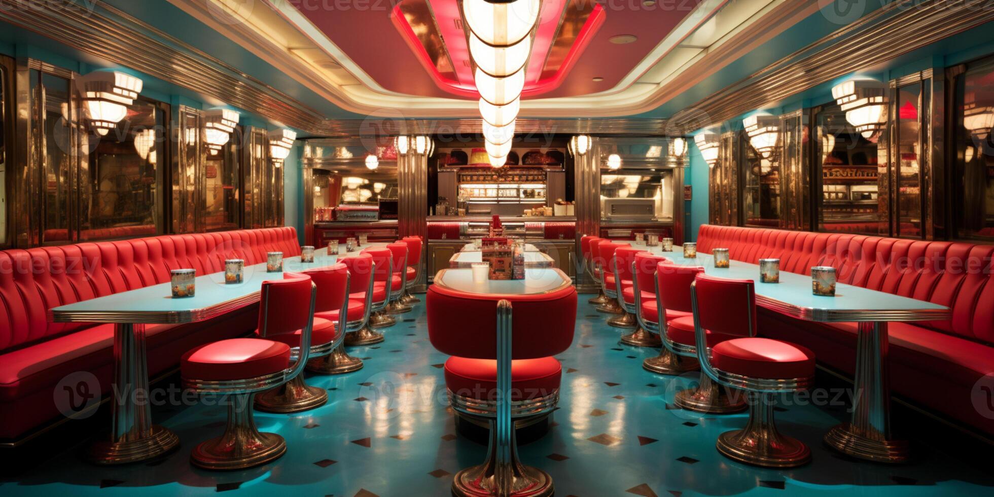 Retro vintage diner restaurant, interior design, stylish old fashioned design concept, AI Generative photo