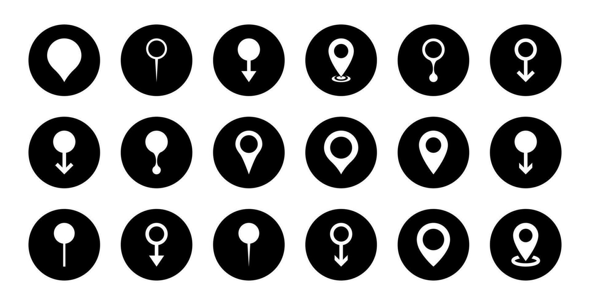 Map pin location icon vector in black circle. Pointer navigation sign symbol set collection