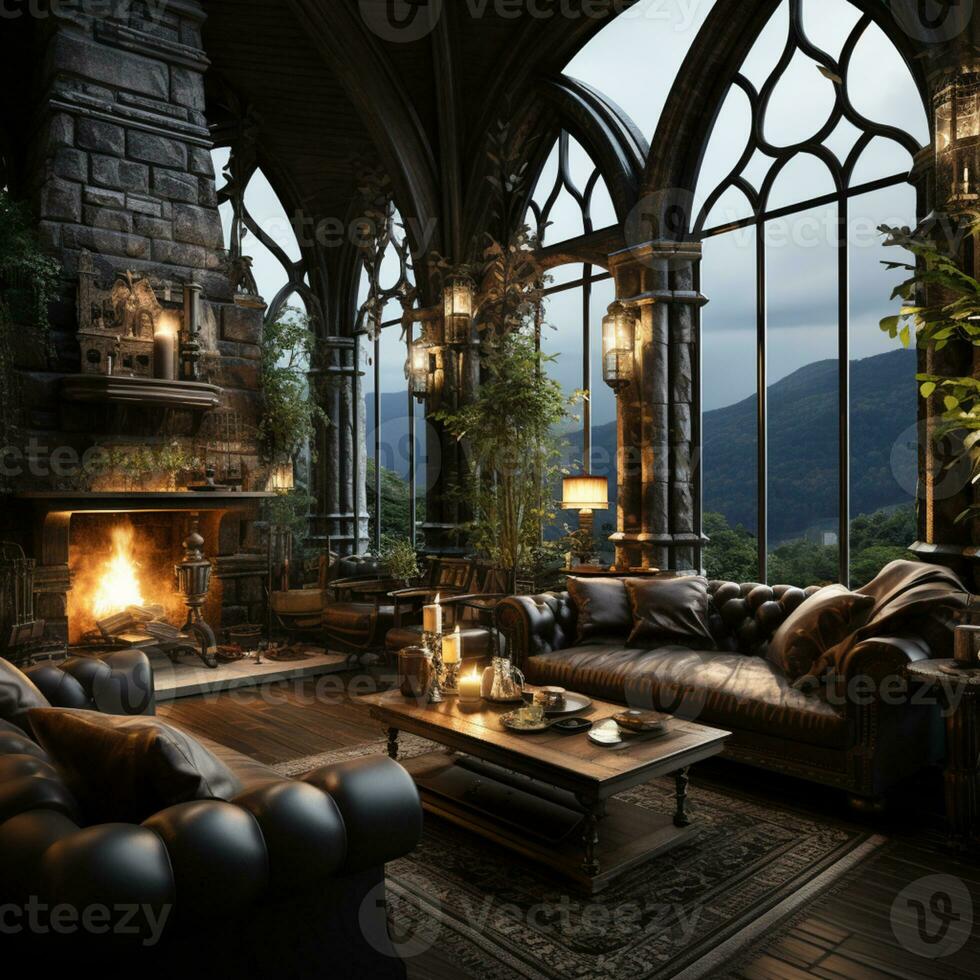 Interior Design, Beautiful Living room Gothic Style, Luxury Mansion, Elegant tall window, AI Generative photo