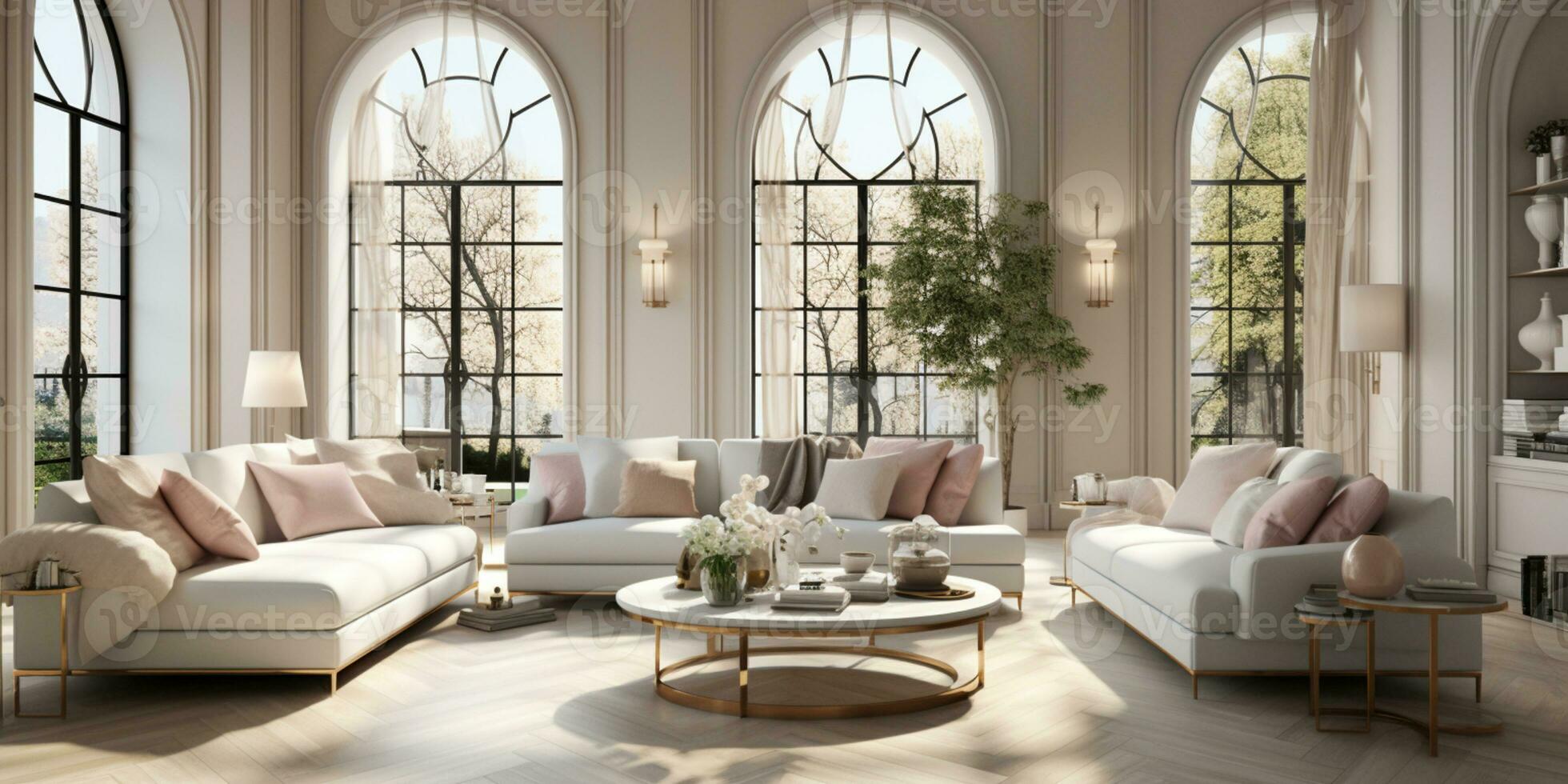 Interior Design Luxurious modern Living room, minimal tall window, Cozy sofa, serene nature scenery, Elegant villa, AI Generative photo