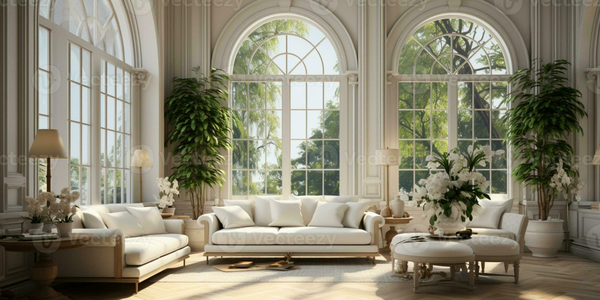 Interior Design Luxurious modern Living room, minimal tall window, Cozy sofa, serene nature scenery, Elegant villa, AI Generative photo