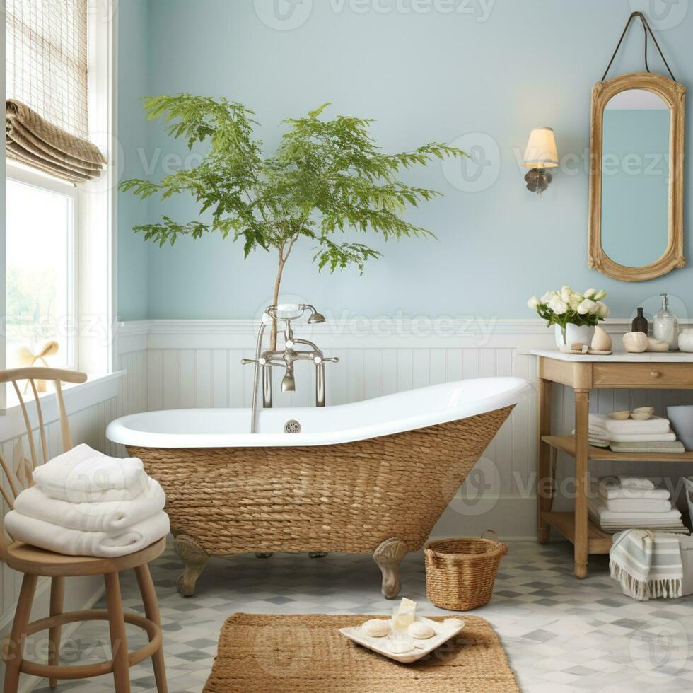 Bathroom in blue and white color, inspired beach design, AI Generative photo