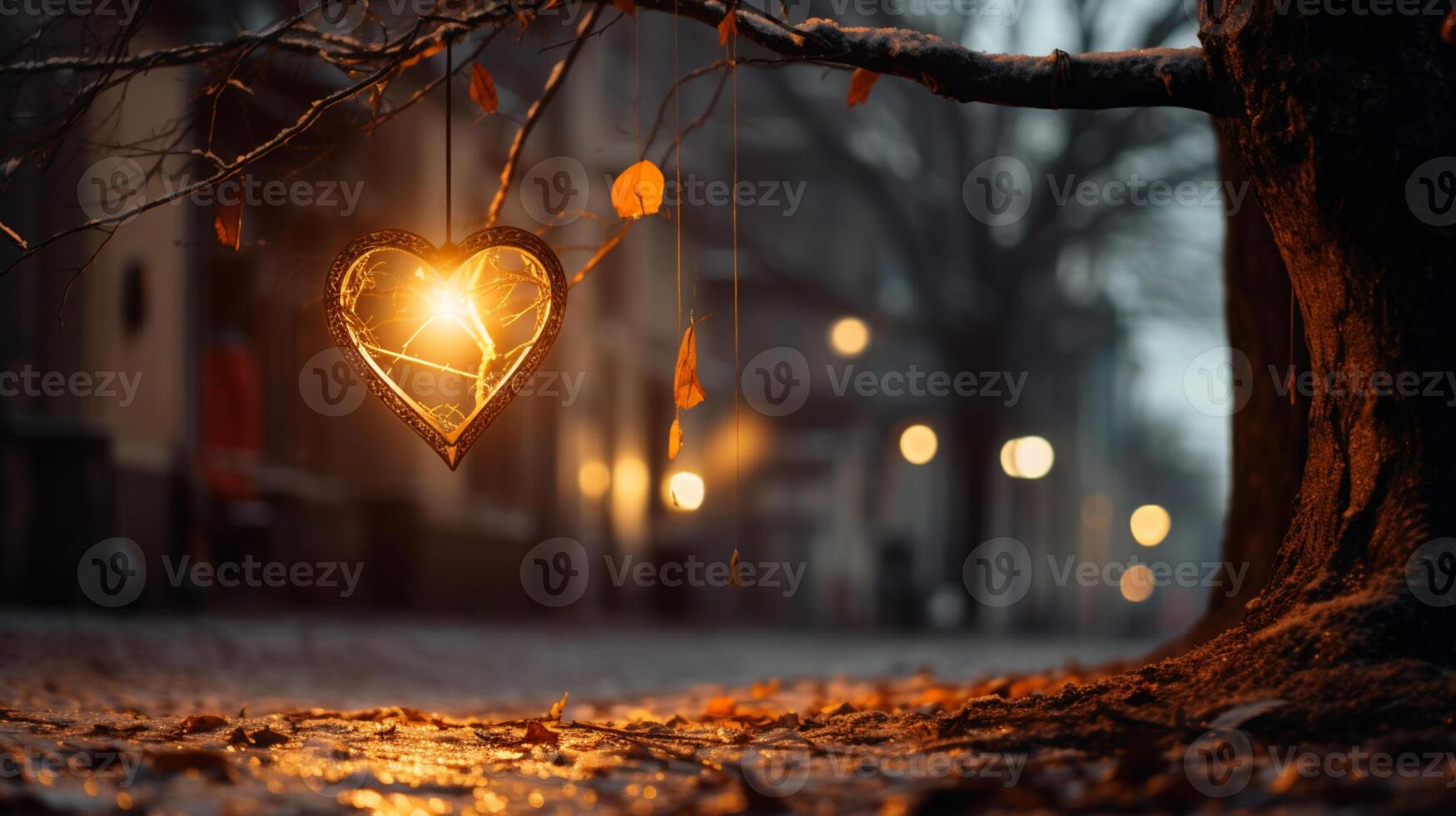 Sparkle Glowing Heart reflected lights, orange and gold, captivating visual, Romantic scenery, dreamy, copy space, greeting card, AI Generative photo