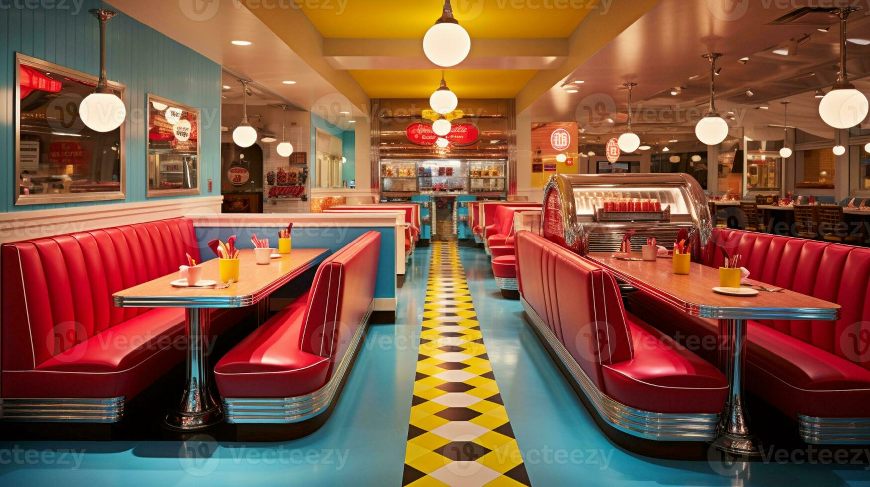 Retro vintage diner restaurant, interior design, stylish old fashioned design concept, AI Generative photo