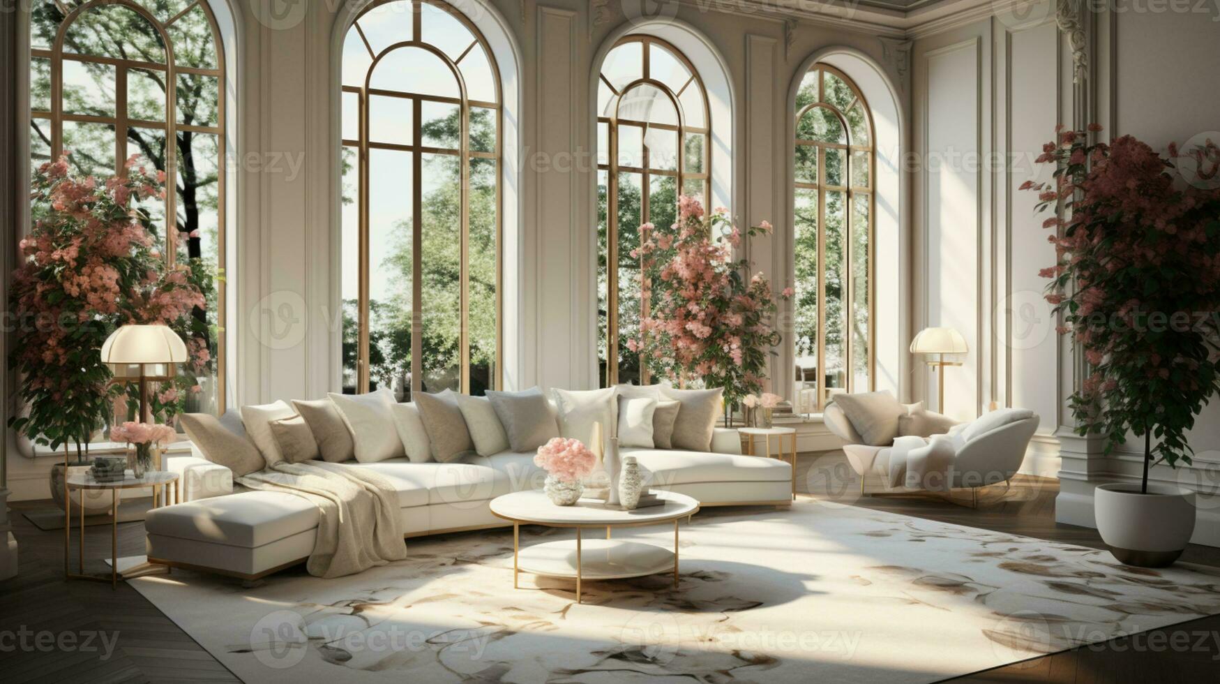 Interior Design Luxurious modern Living room, minimal tall window, Cozy sofa, serene nature scenery, Elegant villa, AI Generative photo