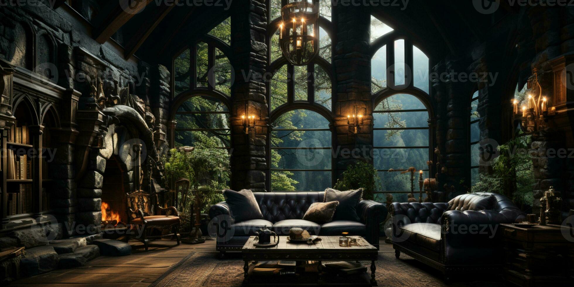 Interior Design, Beautiful Living room Gothic Style, Luxury Mansion, Elegant tall window, AI Generative photo