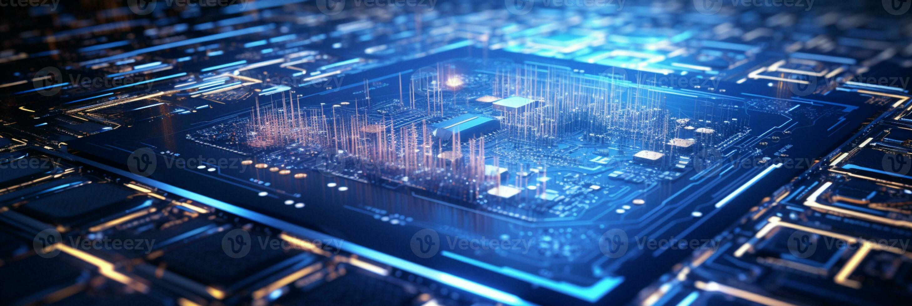 High-tech Computer chip close up shot, production of electronic, circuit board, futuristic design, extreme detail, AI Generative photo