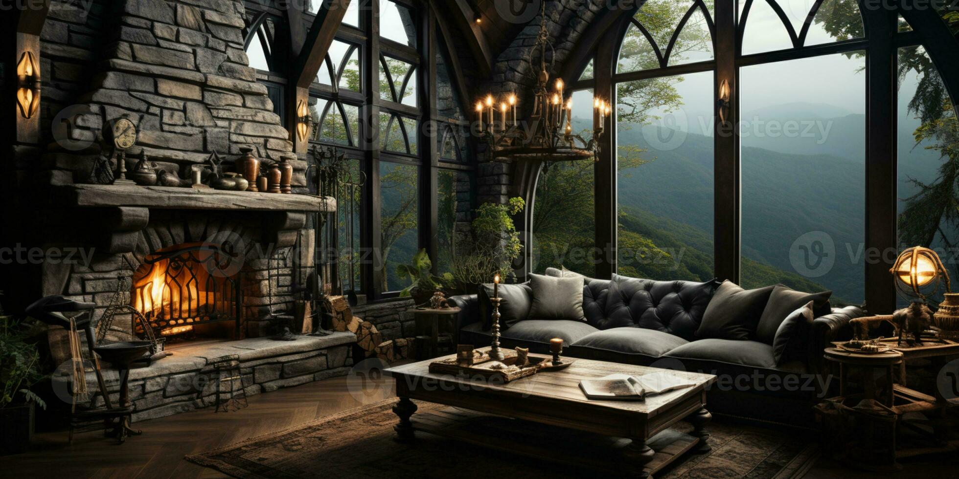 Interior Design, Beautiful Living room Gothic Style, Luxury Mansion, Elegant tall window, AI Generative photo