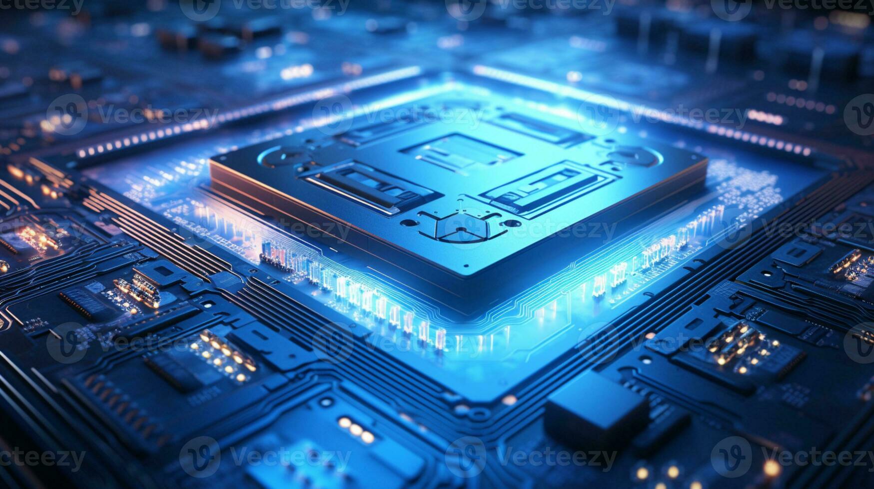 High-tech Computer chip close up shot, production of electronic, circuit board, futuristic design, extreme detail, AI Generative photo