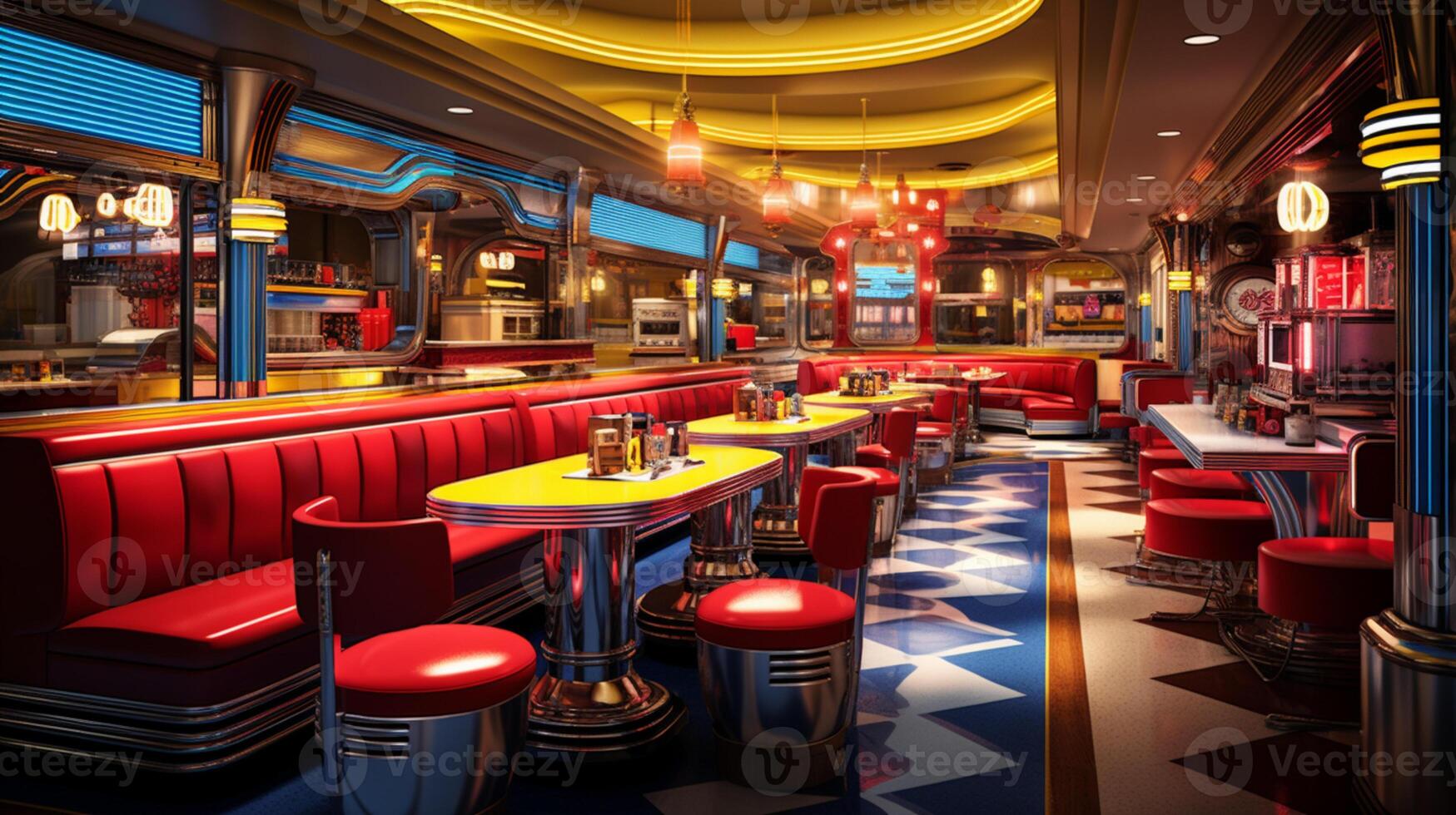 Retro vintage diner restaurant, interior design, stylish old fashioned design concept, AI Generative photo