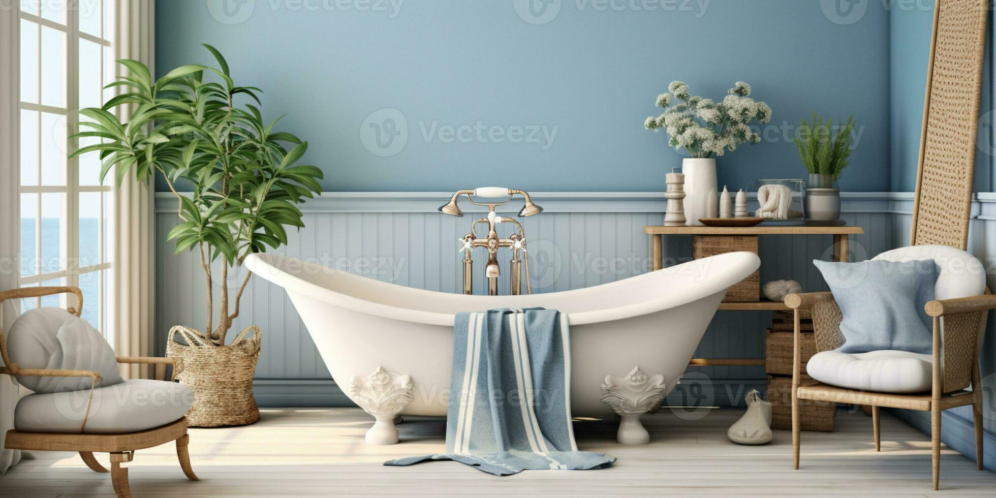 Bathroom in blue and white color, inspired beach design, AI Generative photo