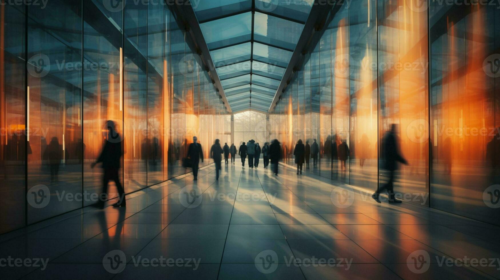 Business People walking in modern futuristic lobby, Blurred motion, AI Generative photo