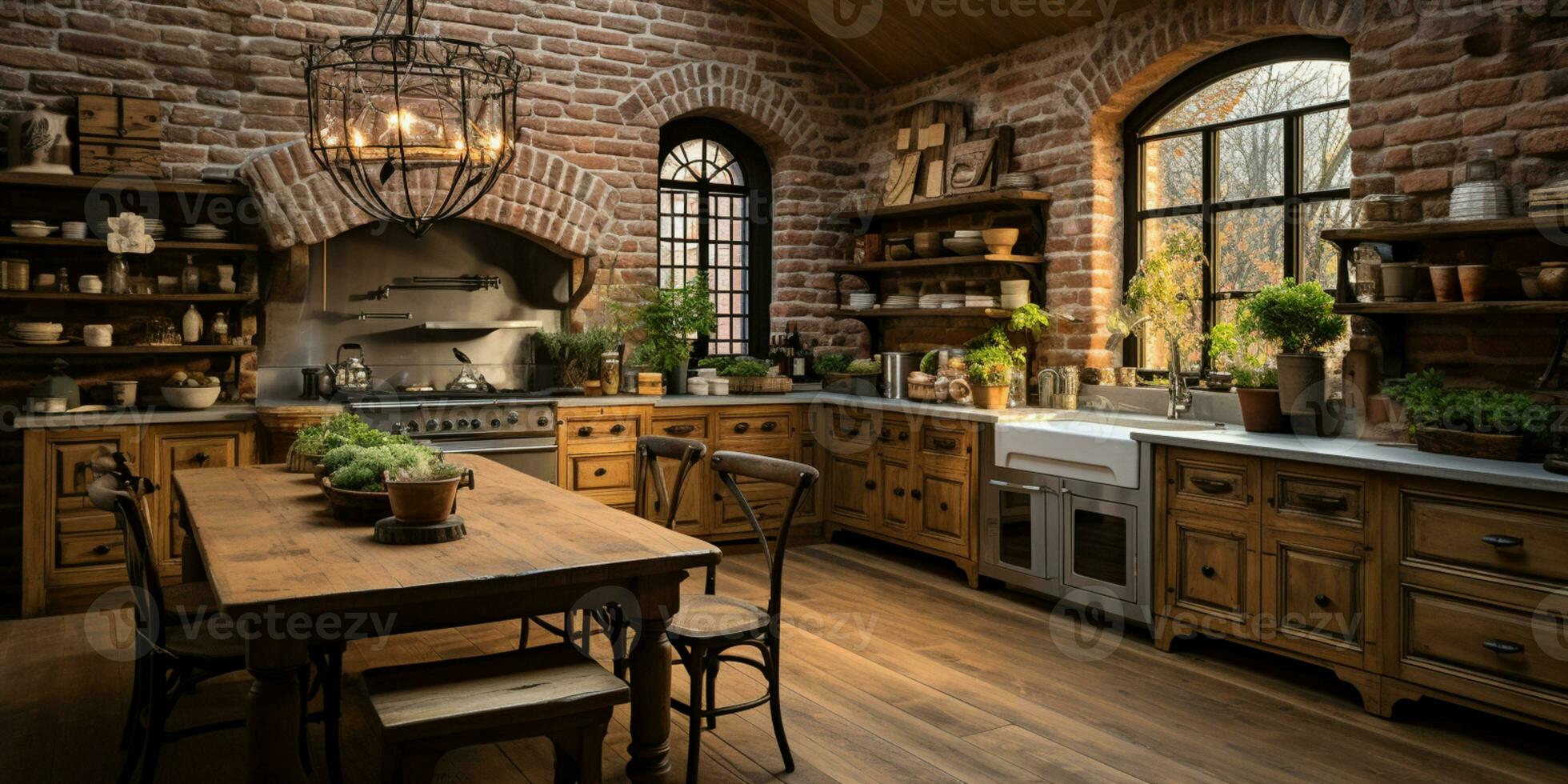 Rustic farmhouse kitchen, stylish spacious cooking area, interior design, AI Generative photo