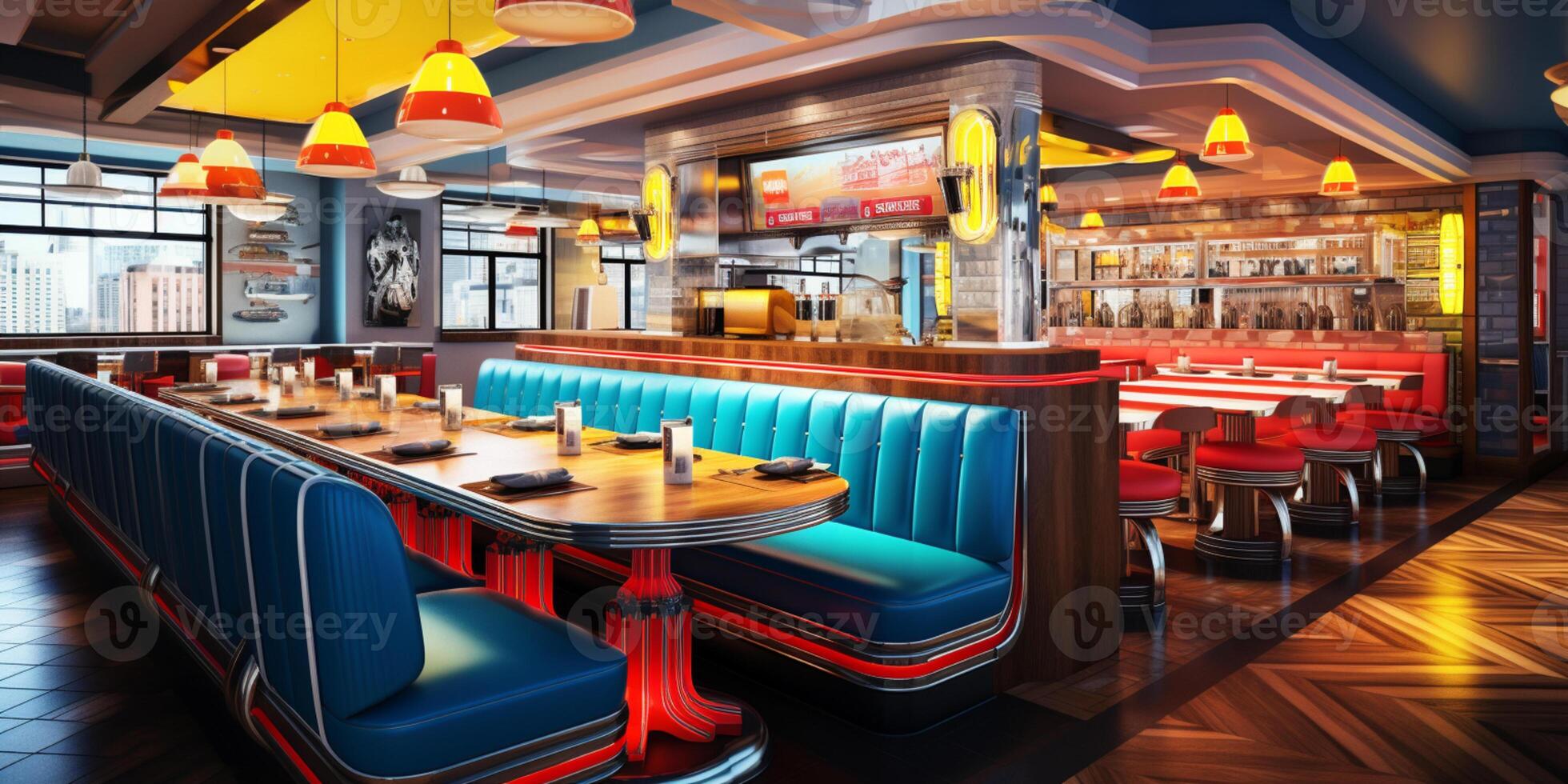 Retro vintage diner restaurant, interior design, stylish old fashioned design concept, AI Generative photo