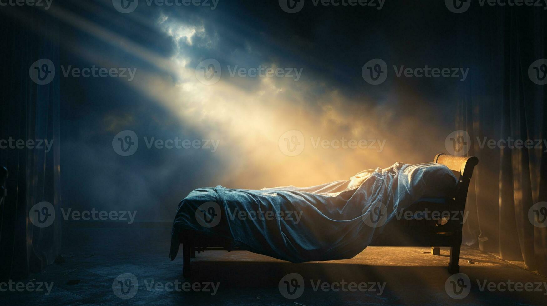 Sunlight Shining through on to a Bed, religious scenery, AI Generative photo