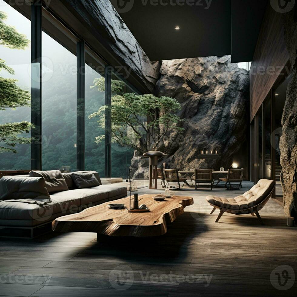 interior diseño, vivo habitación con sereno naturaleza vista, hermosa mansión diseño en el bosque, ai generativo foto