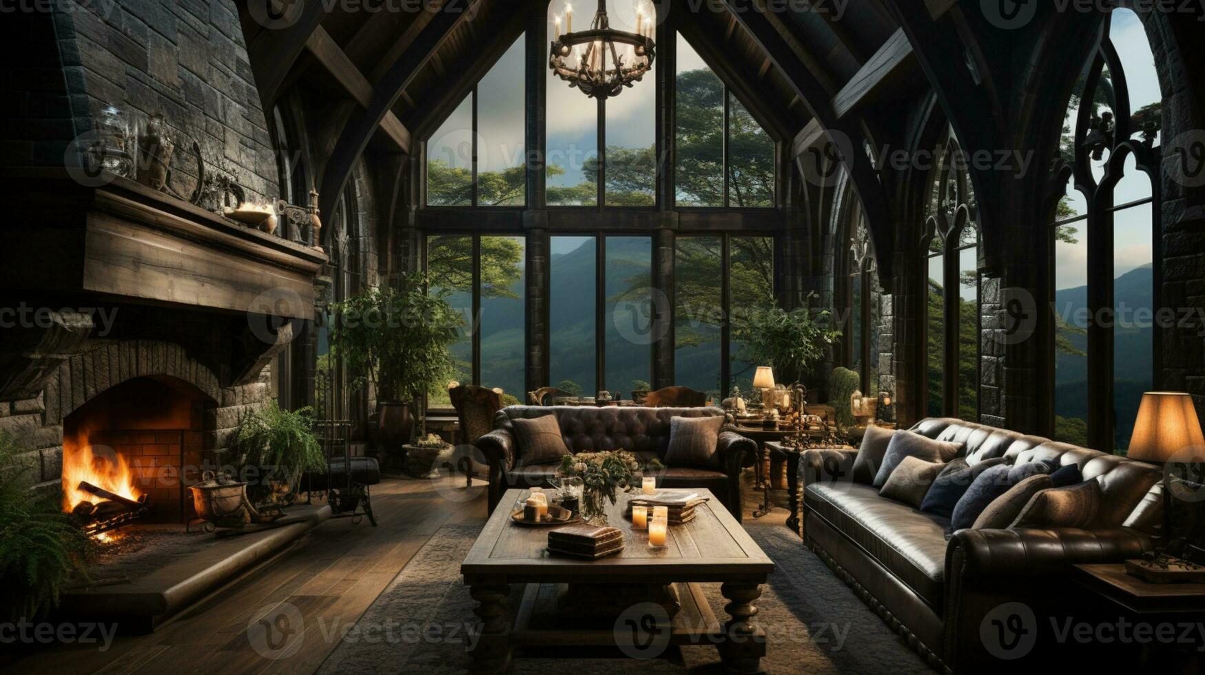 Interior Design, Beautiful Living room Gothic Style, Luxury Mansion, Elegant tall window, AI Generative photo