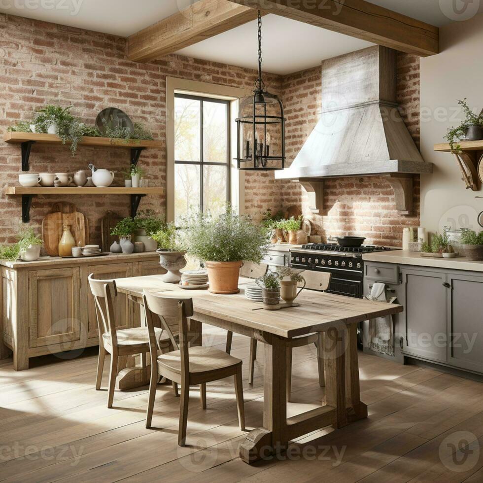 Rustic farmhouse kitchen, stylish spacious cooking area, interior design, AI Generative photo