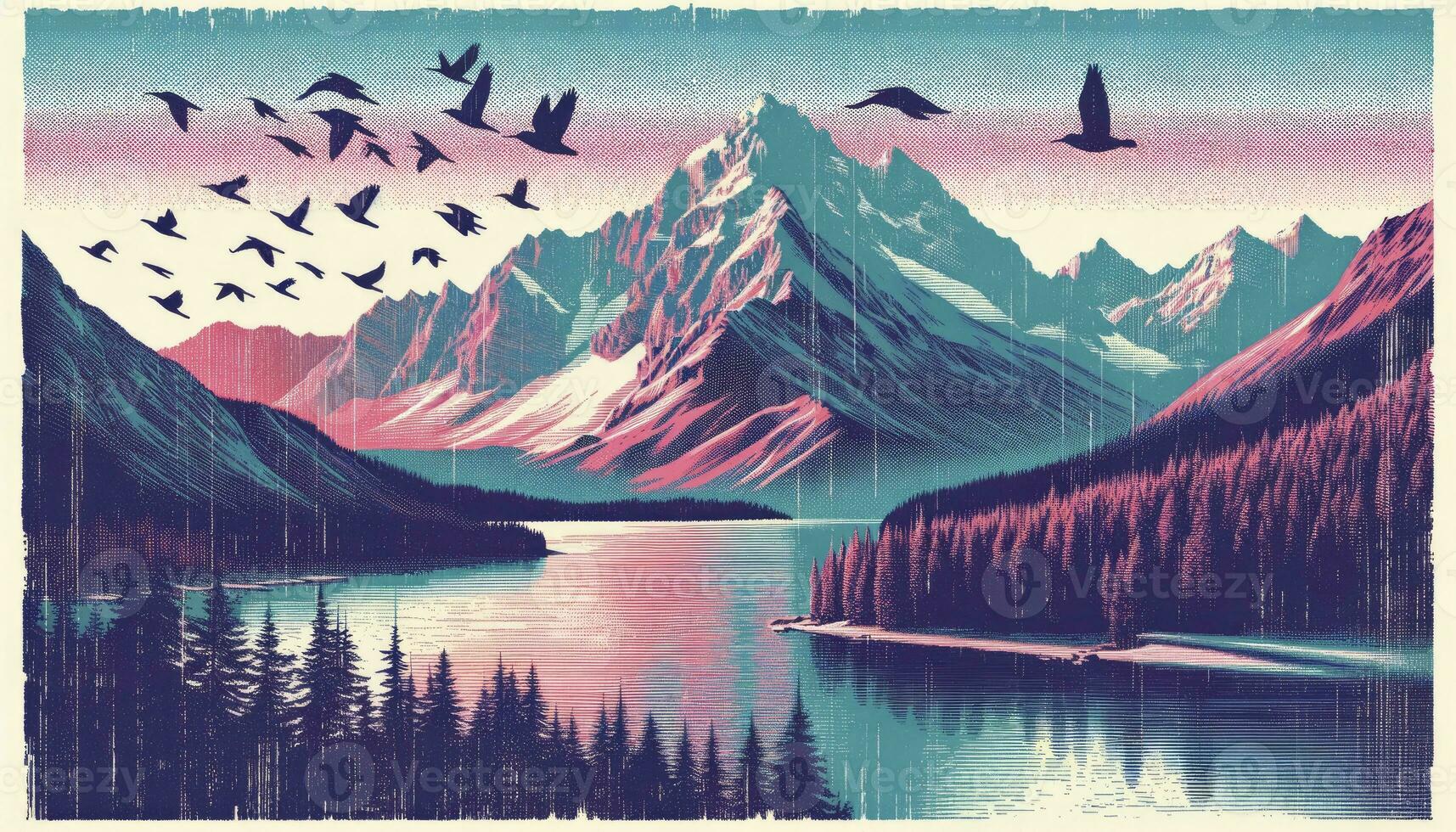 A captivating landscape featuring a tranquil mountain range and serene lake, with birds soaring across the sky, rendered in the unique risograph style. AI Generated photo