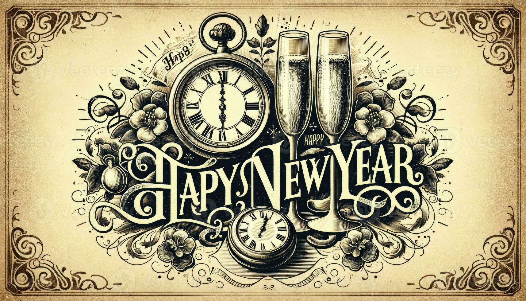 A Happy New Year vintage card showcasing a clock striking midnight, champagne glasses, and ornate font decorations. AI Generated photo