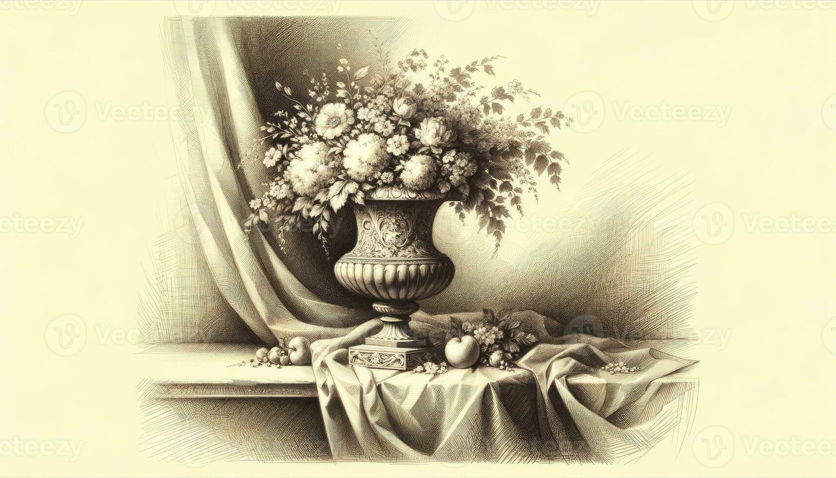 A drawing classic still life scene with an ornate vase and a bouquet of flowers on a draped table. The fine details and shading techniques evoke a sense of traditional artistry. AI Generated photo