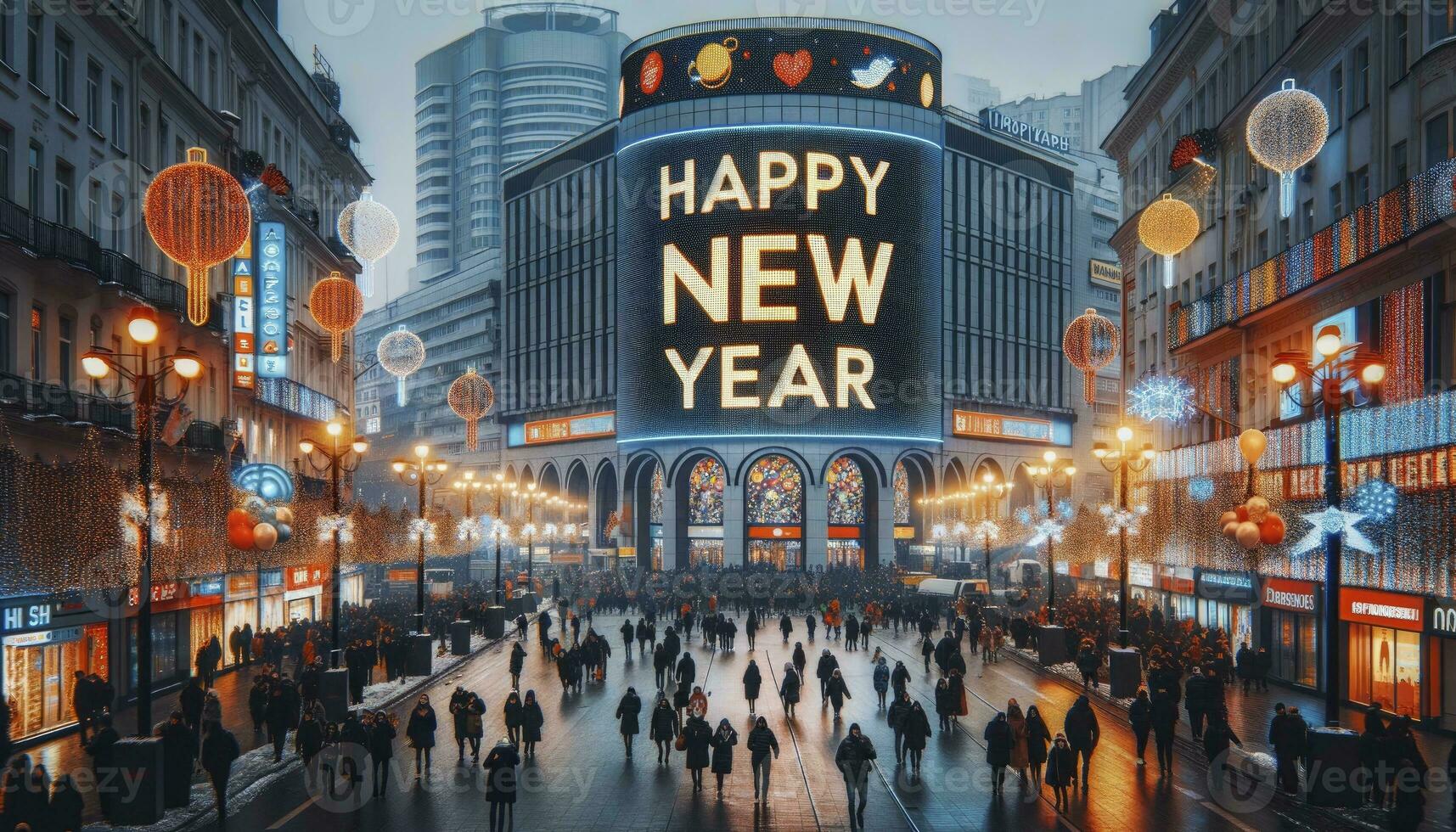 A bustling city street during New Year's Eve with buildings decorated with lights, people walking, and a large digital billboard displaying Happy New Year. AI Generated photo