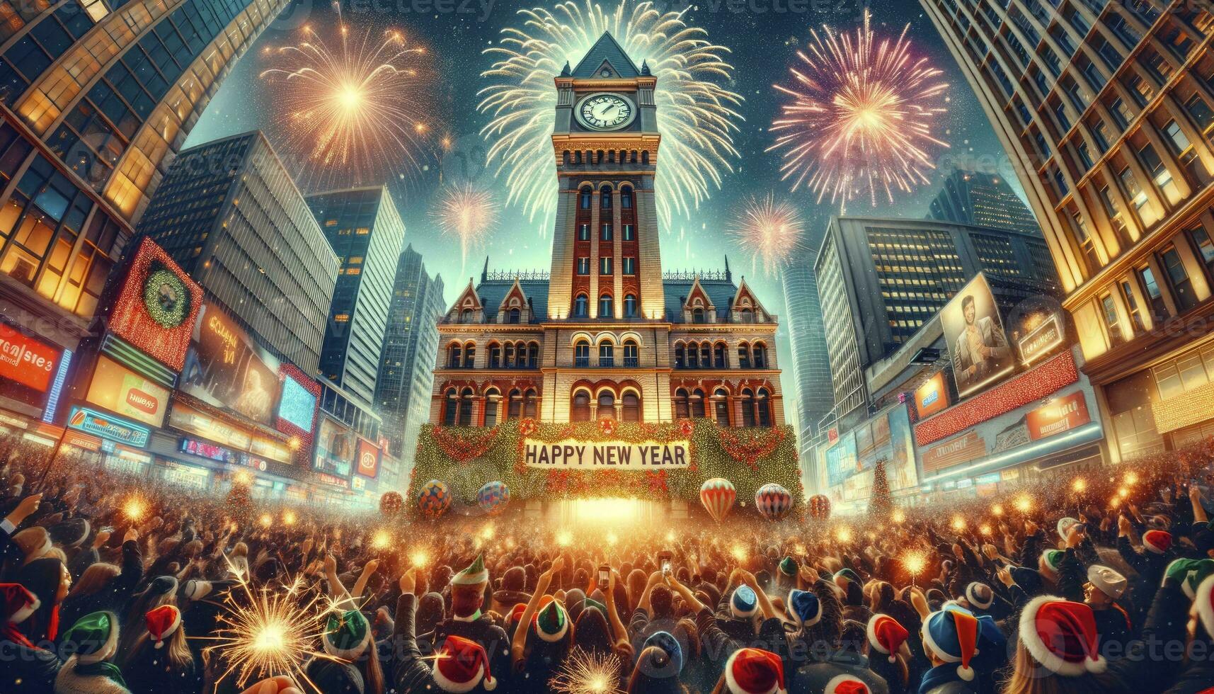 Fireworks light up the sky, and the crowd below, adorned in festive attire, eagerly awaits the moment. AI Generative. photo