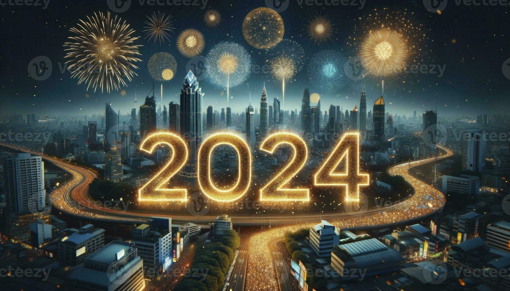 un festivo fondo presentando el dígitos 2024 en reluciente oro en contra un ciudad horizonte a medianoche, iluminado por fuegos artificiales. ai generado foto