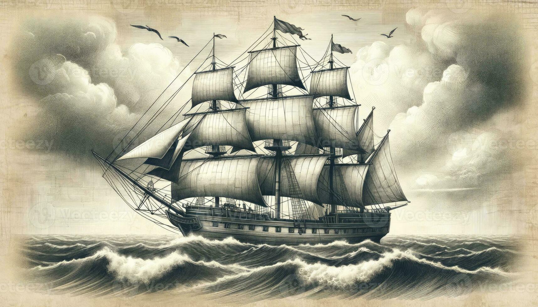 A vintage nautical scene depicting an old ship sailing on choppy waters under a cloudy sky, capturing the essence of maritime sketches from past eras. AI Generated photo